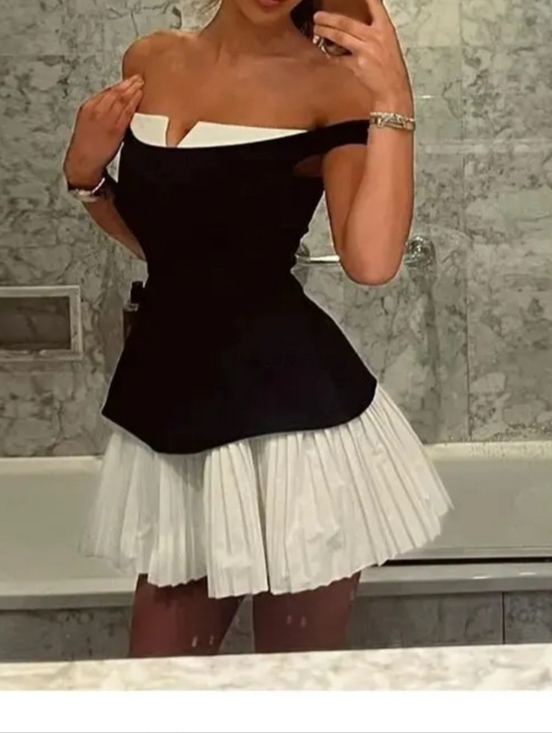 Commense Dresses & Skirts - Commense Black and White Off-Shoulder Mini Dress